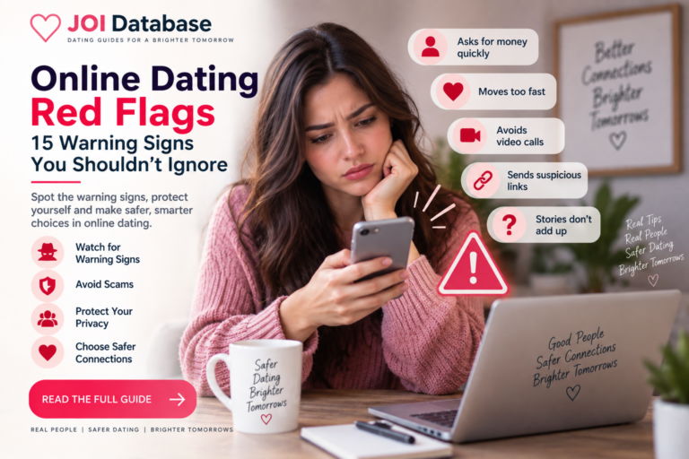 Woman checking her phone while reviewing online dating red flags and warning signs